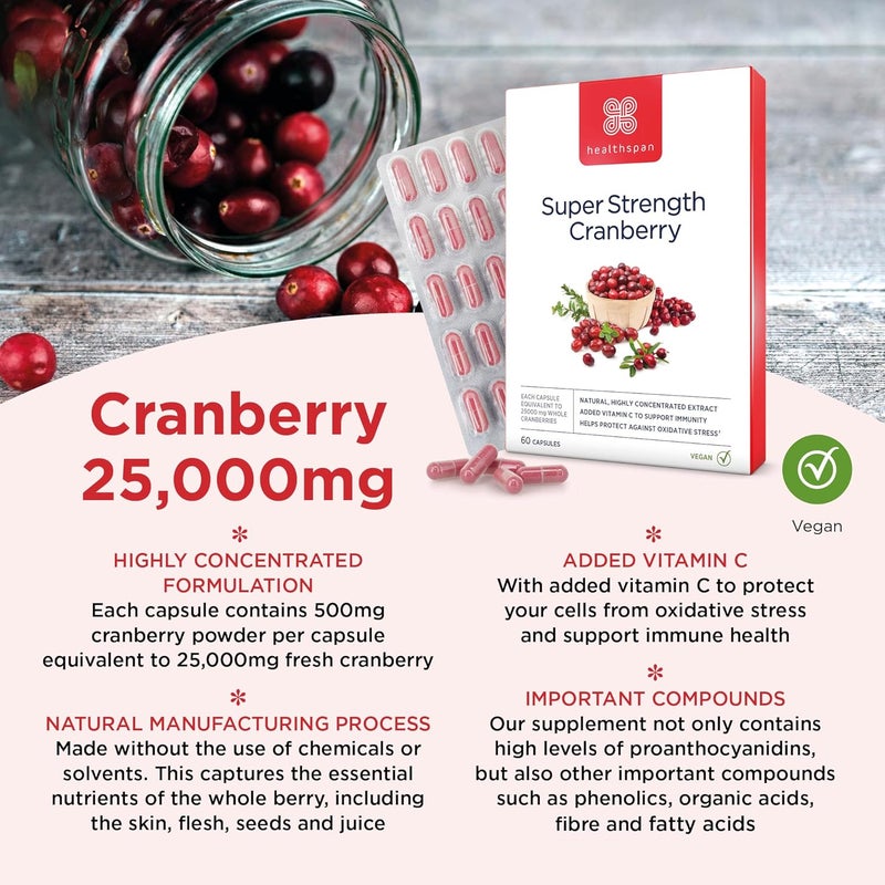 Healthspan Super Strength Cranberry 60 Capsules for Immune Health and Wellbeing Equivalent to 25000 mg Whole Fresh Cranberries Highly Concentrated Formulation Added Vitamin C Vegan - Image 2