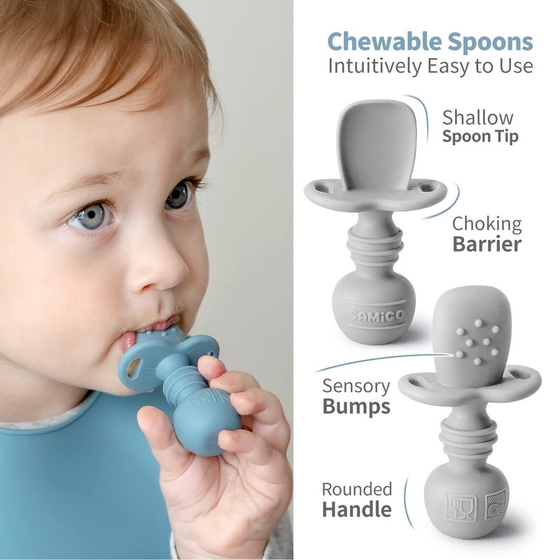 SAMiGO Silicone Baby Feeding Set, Baby Led Weaning Supplies, Suction Bowl Plate Bib Cup Self Feeding Spoons, Solid Food Eating Essentials, First Stage Utensils, 6+ Months - Image 5
