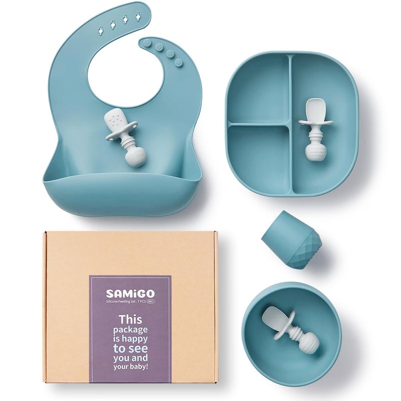 SAMiGO Silicone Baby Feeding Set, Baby Led Weaning Supplies, Suction Bowl Plate Bib Cup Self Feeding Spoons, Solid Food Eating Essentials, First Stage Utensils, 6+ Months - Image 1