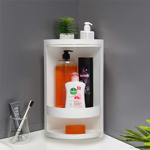 PRIME PICK Spin Pro Triangle Storage Rack Bathroom Organizer 2 Layer 360 Degree Rotating Plastic Corner Shelf Dust Proof Waterproof Multi Function Storage White - Image 1
