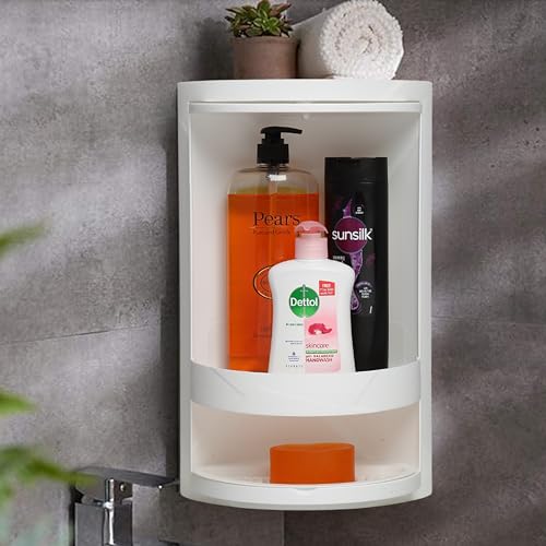 PRIME PICK Spin Pro Triangle Storage Rack Bathroom Organizer 2 Layer 360 Degree Rotating Plastic Corner Shelf Dust Proof Waterproof Multi Function Storage White - Image 2