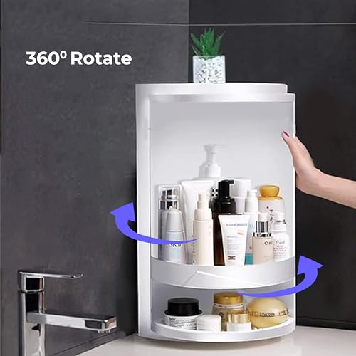 PRIME PICK Spin Pro Triangle Storage Rack Bathroom Organizer 2 Layer 360 Degree Rotating Plastic Corner Shelf Dust Proof Waterproof Multi Function Storage White - Image 3