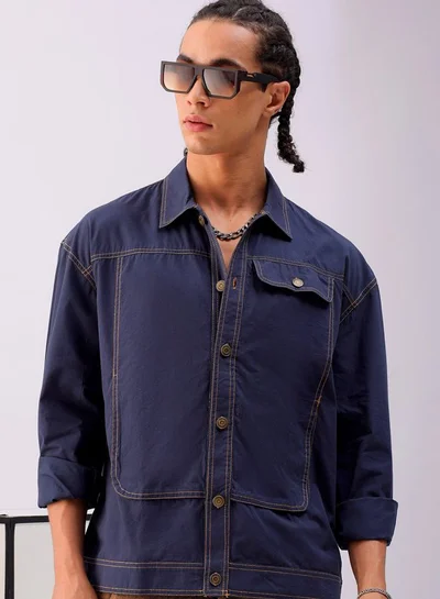 The Indian Garage Co Men Boxy Fit Solid Full Sleeves Cutaway Collar Double Flap Pocket Street Wear Shirt