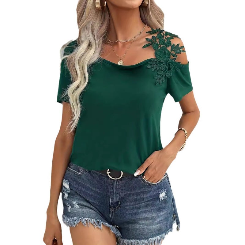 Women's Solid Color Patchwork Lace Trim T-Shirt - Image 5