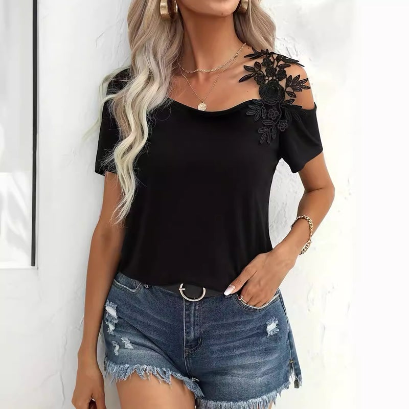 Women's Solid Color Patchwork Lace Trim T-Shirt - Image 1
