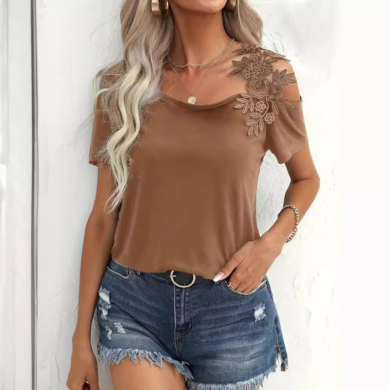 Women's Solid Color Patchwork Lace Trim T-Shirt - Image 3
