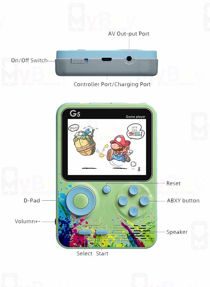 G5 500 in 1 Compact Game Console 3 Inch Color LCD Display with TV Output USB Rechargeable for Classic Games - Green  - Image 5