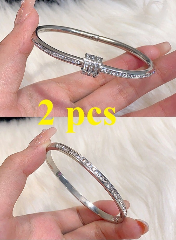 2 Pieces 18K Platinum Plated Bangle Bracelets Set With Diamond, Oval, Silver  - Image 1