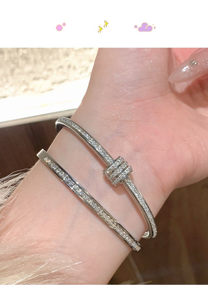 2 Pieces 18K Platinum Plated Bangle Bracelets Set With Diamond, Oval, Silver  - Image 2