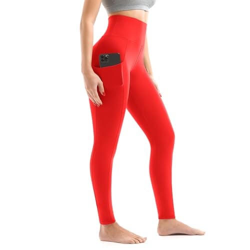 Walifrey Leggings with Pockets for Women, High Waisted Buttery Soft Womens Leggings for Gym Yoga Workout (Red SM) - Image 1