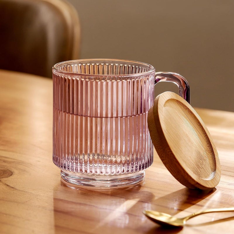 Lysenn Glass Coffee Mug with Lid - Premium Classical Vertical Stripes Glass Tea Cup - for Latte, Tea, Chocolate, Juice, Water - Lead-Free - Bamboo Lid - Amethyst Purple - Image 3