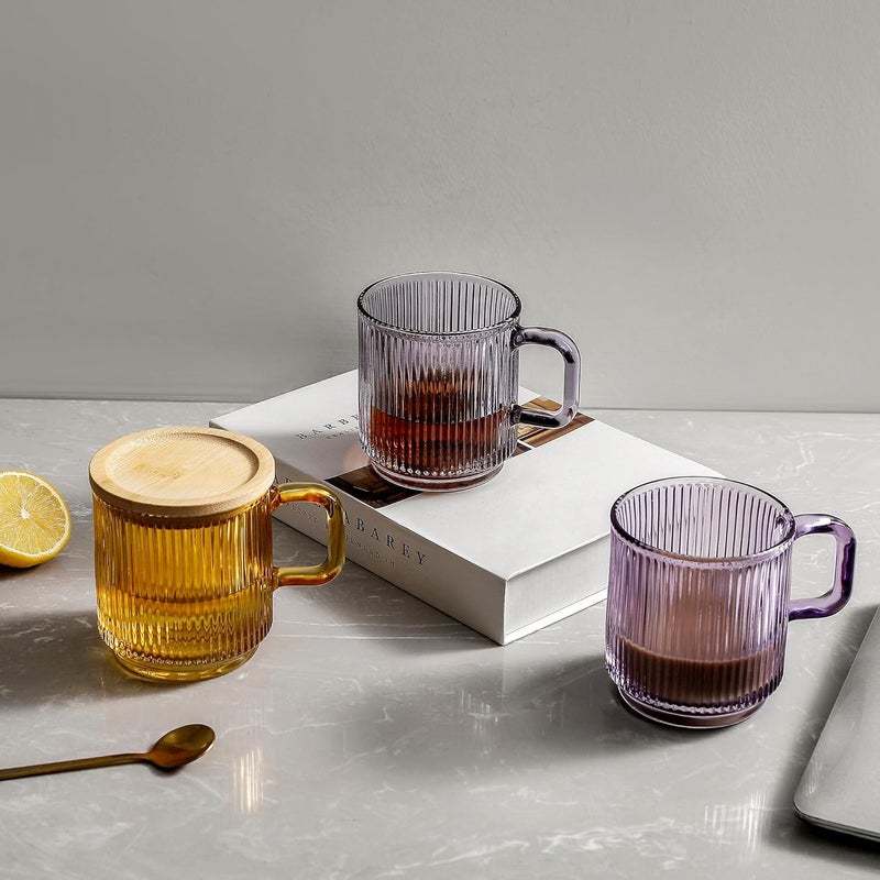 Lysenn Glass Coffee Mug with Lid - Premium Classical Vertical Stripes Glass Tea Cup - for Latte, Tea, Chocolate, Juice, Water - Lead-Free - Bamboo Lid - Amethyst Purple - Image 5