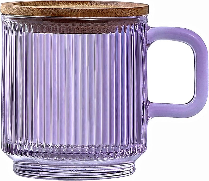 Lysenn Glass Coffee Mug with Lid - Premium Classical Vertical Stripes Glass Tea Cup - for Latte, Tea, Chocolate, Juice, Water - Lead-Free - Bamboo Lid - Amethyst Purple - Image 1