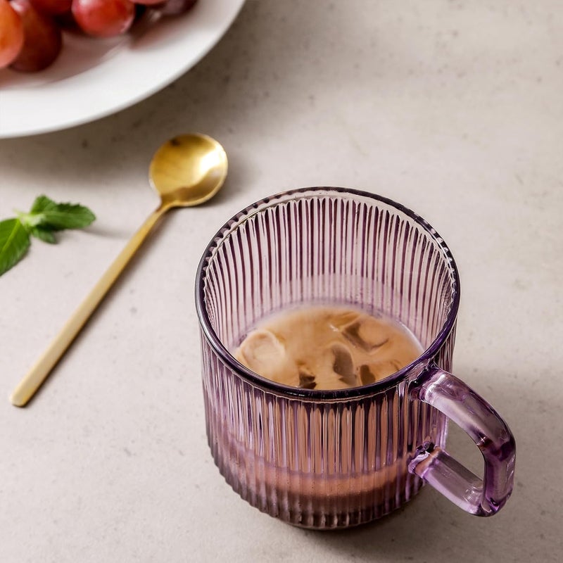 Lysenn Glass Coffee Mug with Lid - Premium Classical Vertical Stripes Glass Tea Cup - for Latte, Tea, Chocolate, Juice, Water - Lead-Free - Bamboo Lid - Amethyst Purple - Image 2