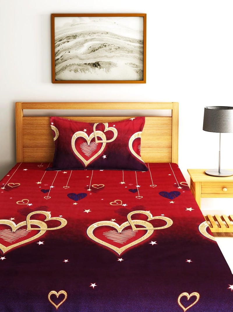 Fashion String 144 TC Microfibre Double Heart Cherry Red Single Bedsheet with 1 Pillow Cover - Image 2