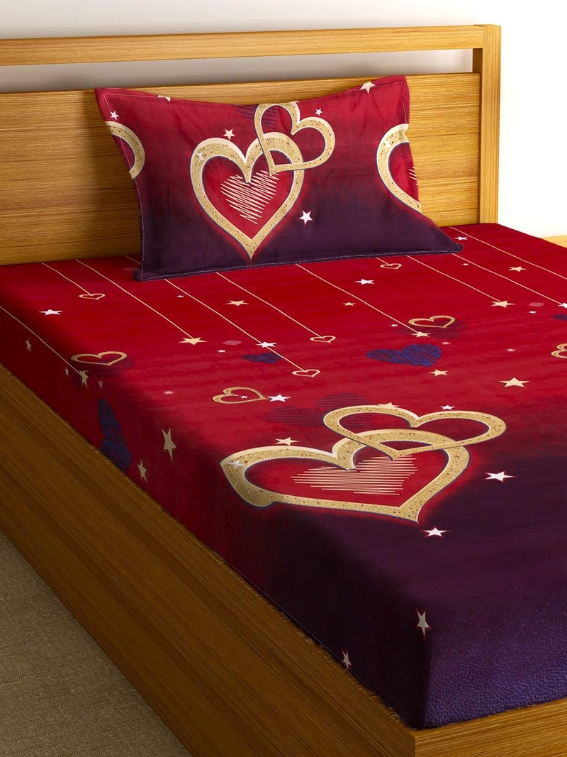 Fashion String 144 TC Microfibre Double Heart Cherry Red Single Bedsheet with 1 Pillow Cover - Image 3
