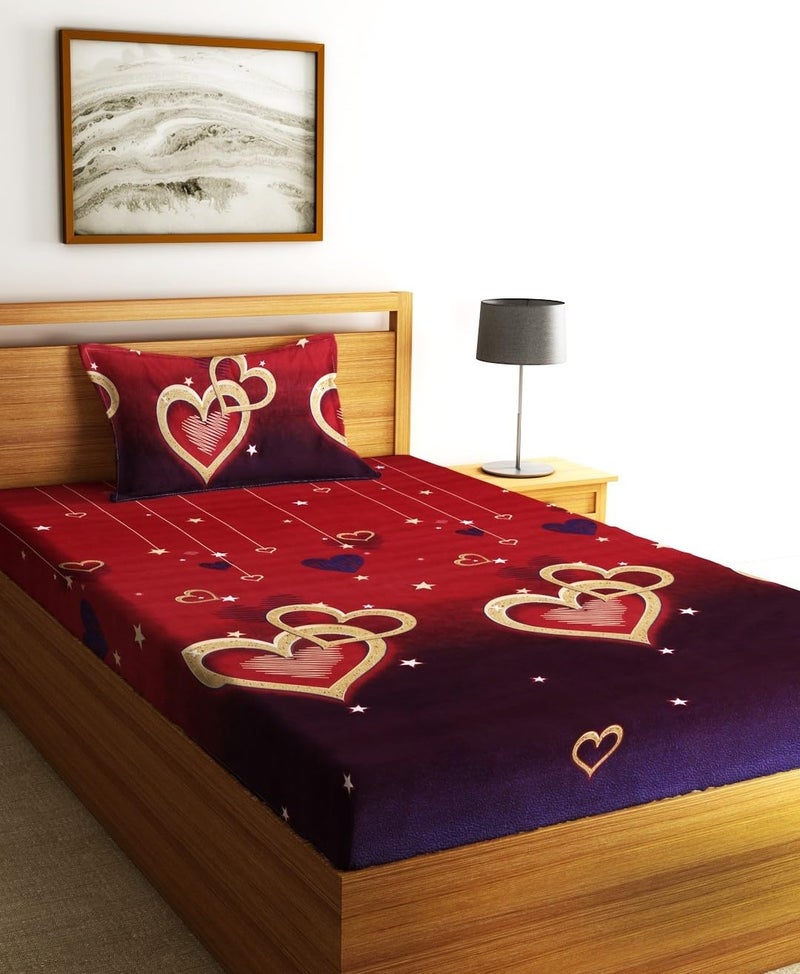Fashion String 144 TC Microfibre Double Heart Cherry Red Single Bedsheet with 1 Pillow Cover - Image 1