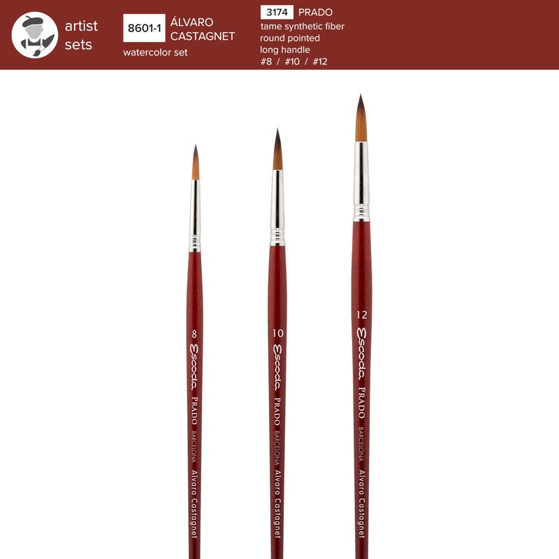 Escoda Signature Series Artist Watercolor and Acrylic Brush Set, Alvaro Castagnet Set #1, Prado Synthetic Sable, Size (Round) 8, 10 & 12 - Image 3