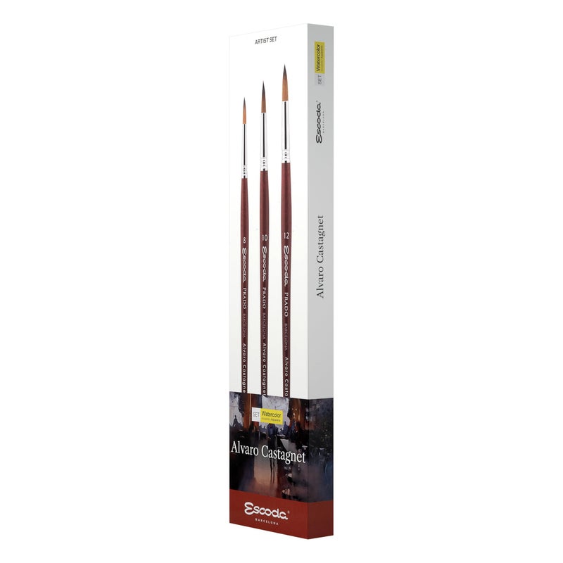 Escoda Signature Series Artist Watercolor and Acrylic Brush Set, Alvaro Castagnet Set #1, Prado Synthetic Sable, Size (Round) 8, 10 & 12 - Image 1