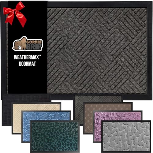 GORILLA GRIP 100% Waterproof All-Season WeatherMax Doormat US Designed Natural Rubber, Stain Fade Resistant, Low Profile Indoor Outdoor Door Mats, Easy Clean, 17x29 Gray Diamond - Image 1
