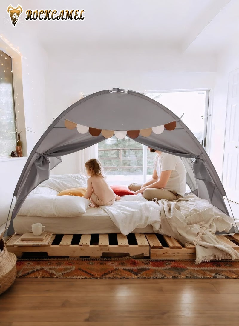 ROCKCAMEL خيمة لعب للأطفال، خيمة لعب داخلية كبيرة مع أضواء وأعلام، خيمة قلعة الأميرة للفتيات والأولاد، قلعة لعب للأطفال الصغار للقراءة والحصن وغرفة النوم والتخييم، هدية عطلة عيد الميلاد (194 × 98 × 120 سم، رمادي) - Image 2
