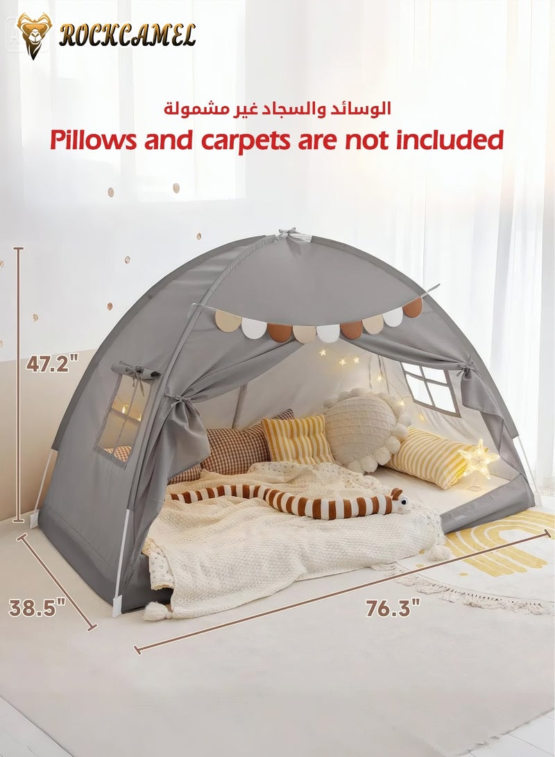 ROCKCAMEL خيمة لعب للأطفال، خيمة لعب داخلية كبيرة مع أضواء وأعلام، خيمة قلعة الأميرة للفتيات والأولاد، قلعة لعب للأطفال الصغار للقراءة والحصن وغرفة النوم والتخييم، هدية عطلة عيد الميلاد (194 × 98 × 120 سم، رمادي) - Image 4
