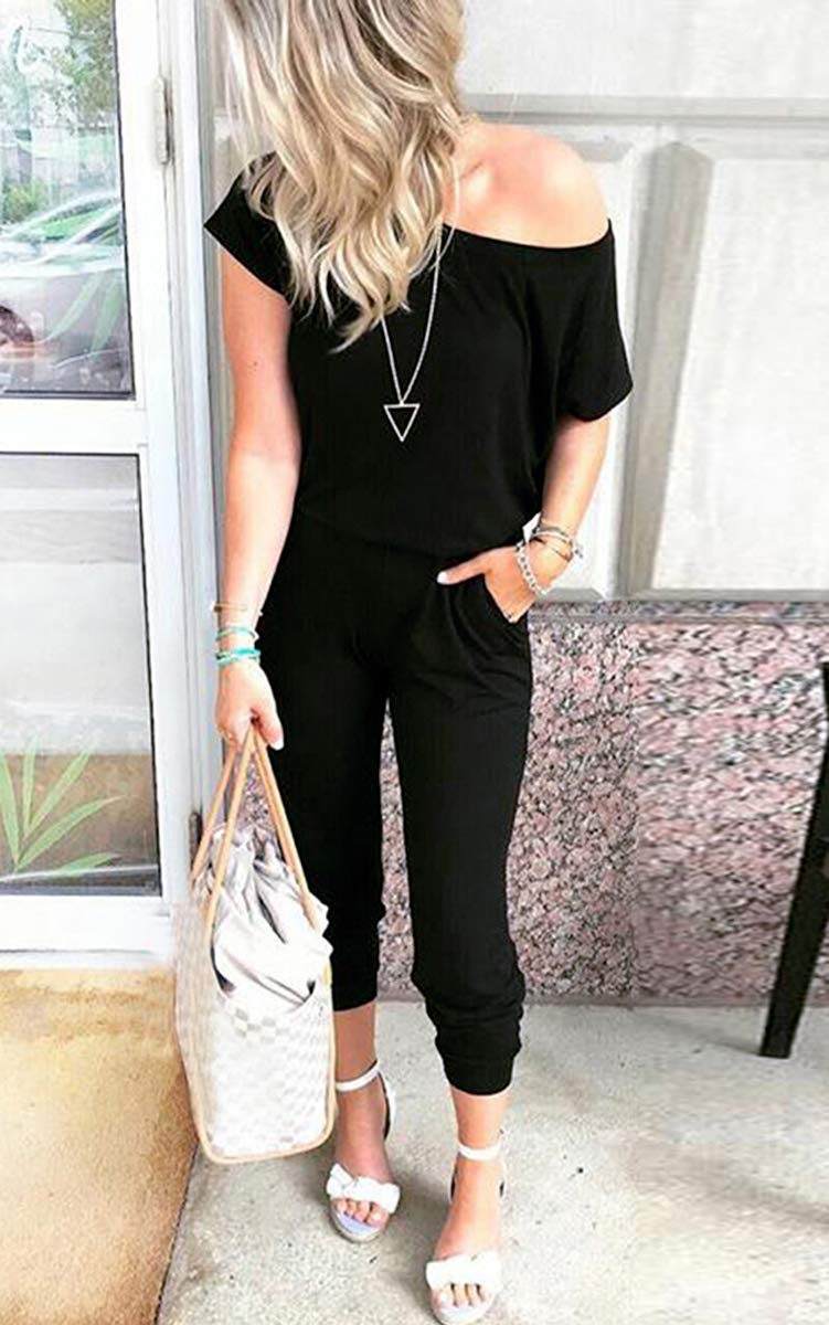 AMiERY Women's Sexy Off Shoulder Jumpsuit Solid Casual Elastic Waist Beam Foot Jumpsuits Rompers Black Medium - Image 3
