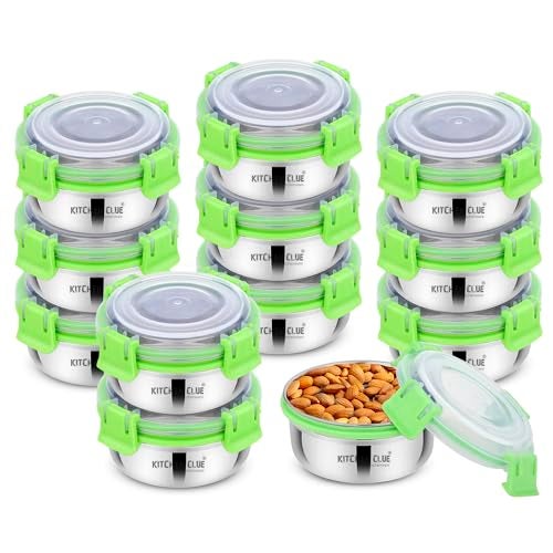 KITCHEN CLUE Stainless Steel Airtight & Leak-Proof Lock N Lock Lunch/Tiffin Box For Office School I 12 Pcs Lunch Container I 350 ML Each I 11Cm*5Cm I Bpa Free Use For Kids & Adults, Green - Image 1