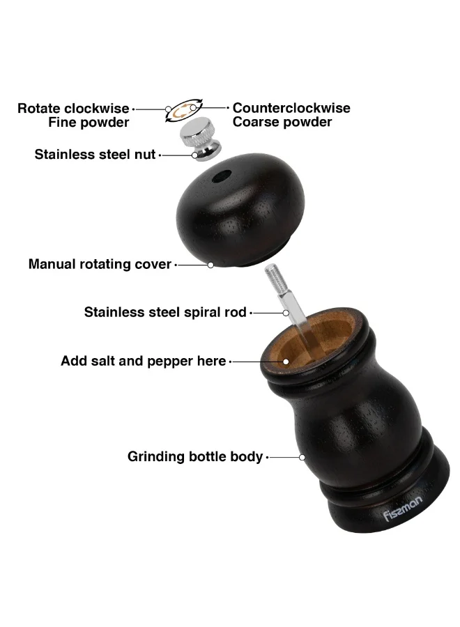 فيسمان Pepper Mill Rubber Wood Body with S/S Grinder 11cm For Peppercorn And Dry Spices, Stylish With Simple Design For Restaurant or For Everyday Use, Natural Wood Material, Grinding Mechanism with Adjustable Grinding Degree