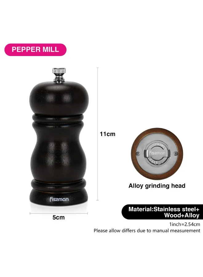 Fissman  Pepper Mill Rubber Wood Body with S/S Grinder 11cm For Peppercorn And Dry Spices, Stylish With Simple Design For Restaurant or For Everyday Use, Natural Wood Material, Grinding Mechanism with Adjustable Grinding Degree  | Best Price UAE