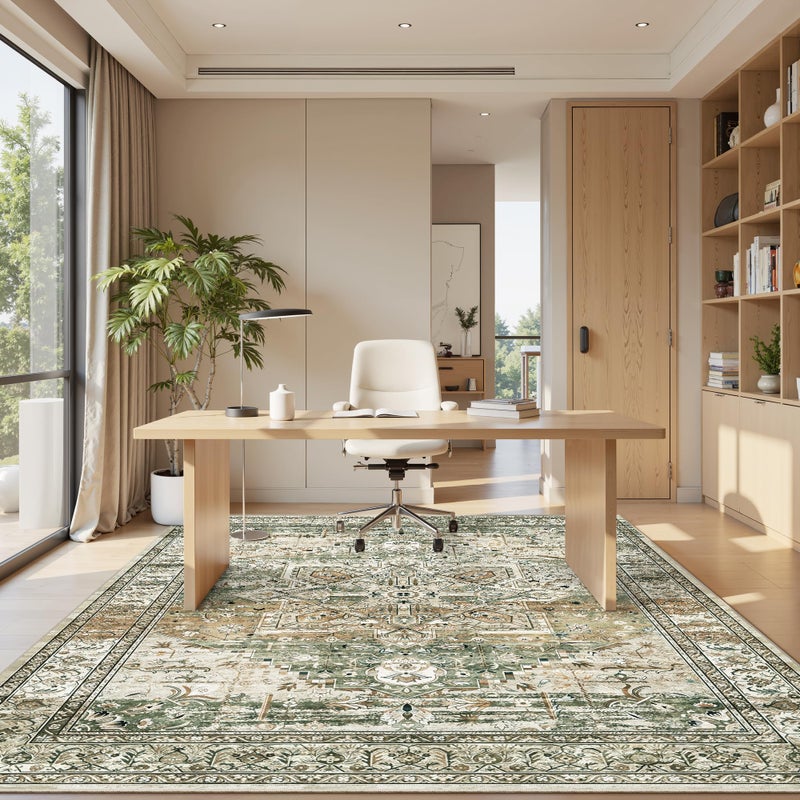 Soalmost 5x7 Area Rugs Low Pile Indoor Washable Trendy Faded Style Rugs for Bedroom Living Room Dining Room Foldable Non-Slip Thin Print Mat Green Olive Beige - Image 3
