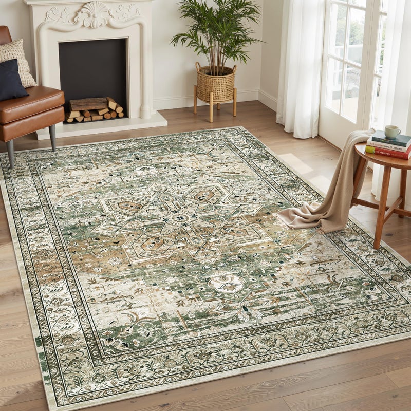 Soalmost 5x7 Area Rugs Low Pile Indoor Washable Trendy Faded Style Rugs for Bedroom Living Room Dining Room Foldable Non-Slip Thin Print Mat Green Olive Beige - Image 1