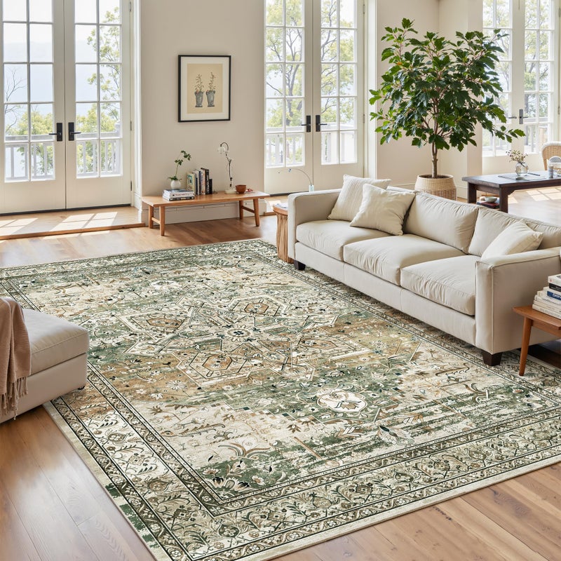 Soalmost 5x7 Area Rugs Low Pile Indoor Washable Trendy Faded Style Rugs for Bedroom Living Room Dining Room Foldable Non-Slip Thin Print Mat Green Olive Beige - Image 2