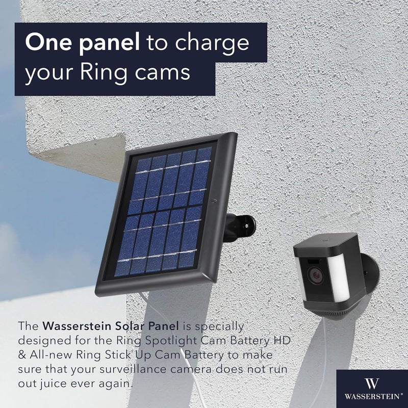 Wasserstein Solar Panel Compatible with Ring Spotlight Cam Plus/Pro/Battery, and Ring Stick Up Cam Battery - Includes Barrel Plug with USB C Adapter - 2W 5V Charging (1 Pack, Black) - Image 2