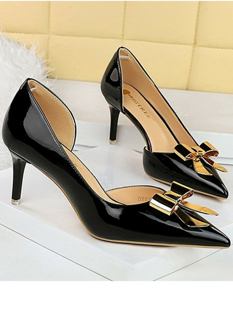 BIGTREE Women's Patent Leather Closed Pointed Toe High Heels Metal Bowknot Decoration Stiletto Pumps Black 7.5CM  - Image 2