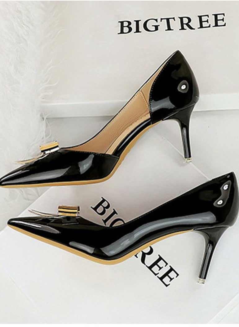 BIGTREE Women's Patent Leather Closed Pointed Toe High Heels Metal Bowknot Decoration Stiletto Pumps Black 7.5CM  - Image 3