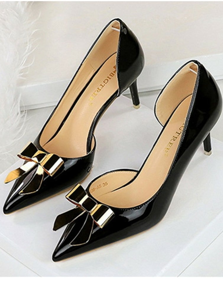 BIGTREE Women's Patent Leather Closed Pointed Toe High Heels Metal Bowknot Decoration Stiletto Pumps Black 7.5CM  - Image 1