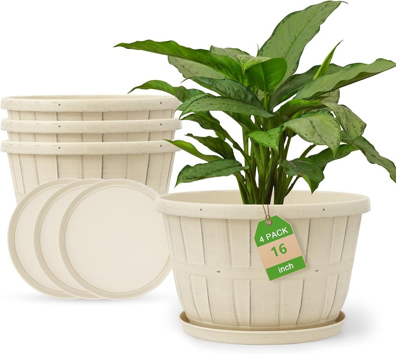 Quarut Plant Planters Pots Set of 4 Pack 16 Inch，Large Plastic Flower Pot for Indoor Plants with Drainage Holes & Trays, Whiskey Barrel Planters with Saucer for House Outdoor Garden Plant（White） - Image 1