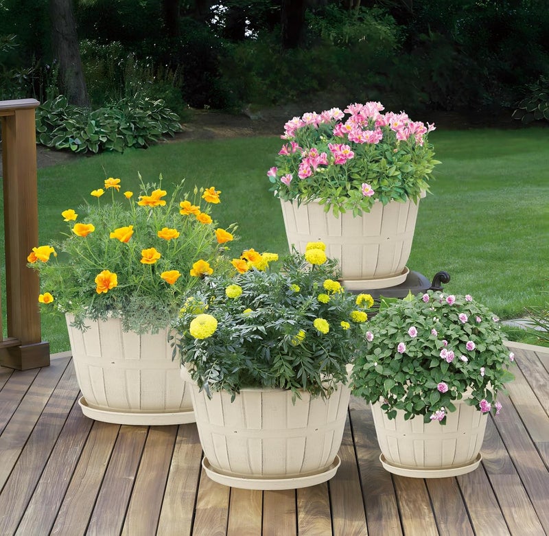 Quarut Plant Planters Pots Set of 4 Pack 16 Inch，Large Plastic Flower Pot for Indoor Plants with Drainage Holes & Trays, Whiskey Barrel Planters with Saucer for House Outdoor Garden Plant（White） - Image 5