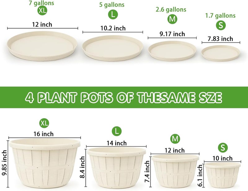 Quarut Plant Planters Pots Set of 4 Pack 16 Inch，Large Plastic Flower Pot for Indoor Plants with Drainage Holes & Trays, Whiskey Barrel Planters with Saucer for House Outdoor Garden Plant（White） - Image 3