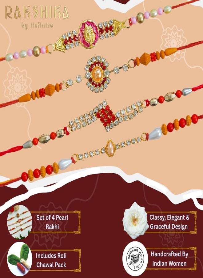 iinfinize Set of 4 Multicolor Floral Designer Rakhis Handmade Rakhi With Roli Chawal Pack Rakhis For Brother Bhabhi Kids - Image 3