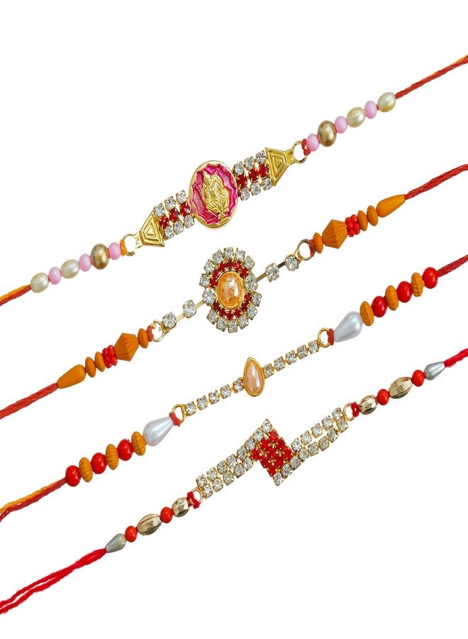 iinfinize Set of 4 Multicolor Floral Designer Rakhis Handmade Rakhi With Roli Chawal Pack Rakhis For Brother Bhabhi Kids - Image 1