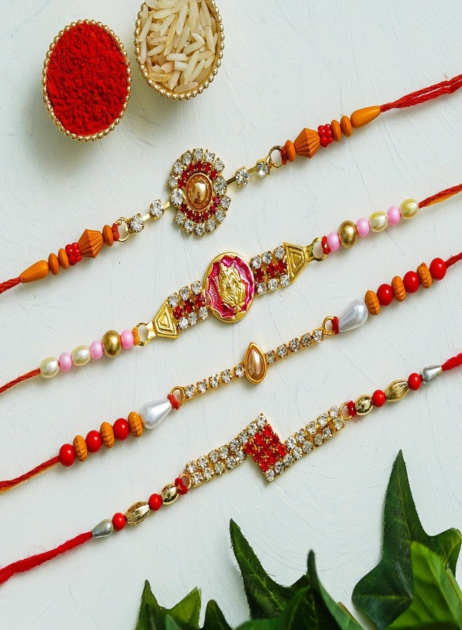 iinfinize Set of 4 Multicolor Floral Designer Rakhis Handmade Rakhi With Roli Chawal Pack Rakhis For Brother Bhabhi Kids - Image 2
