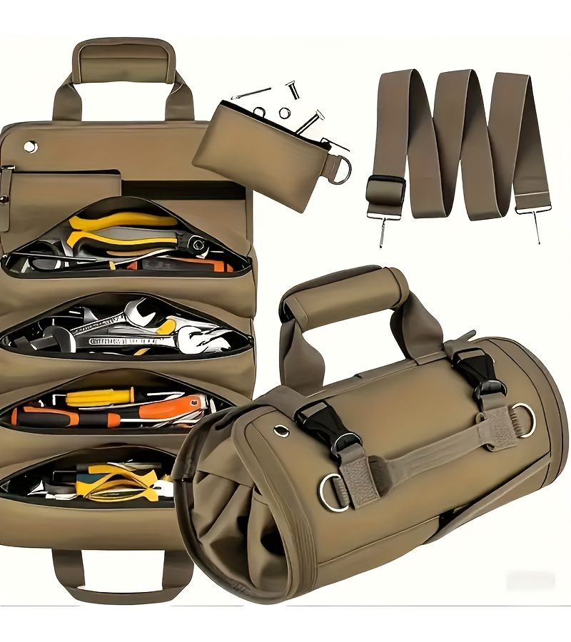 Green Oxford Fabric Heavy Duty Tool Roll Bag Large Capacity Foldable Tool Organizer - Image 1