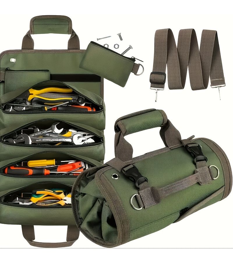 Green Oxford Fabric Heavy Duty Tool Roll Bag Large Capacity Foldable Tool Organizer - Image 2