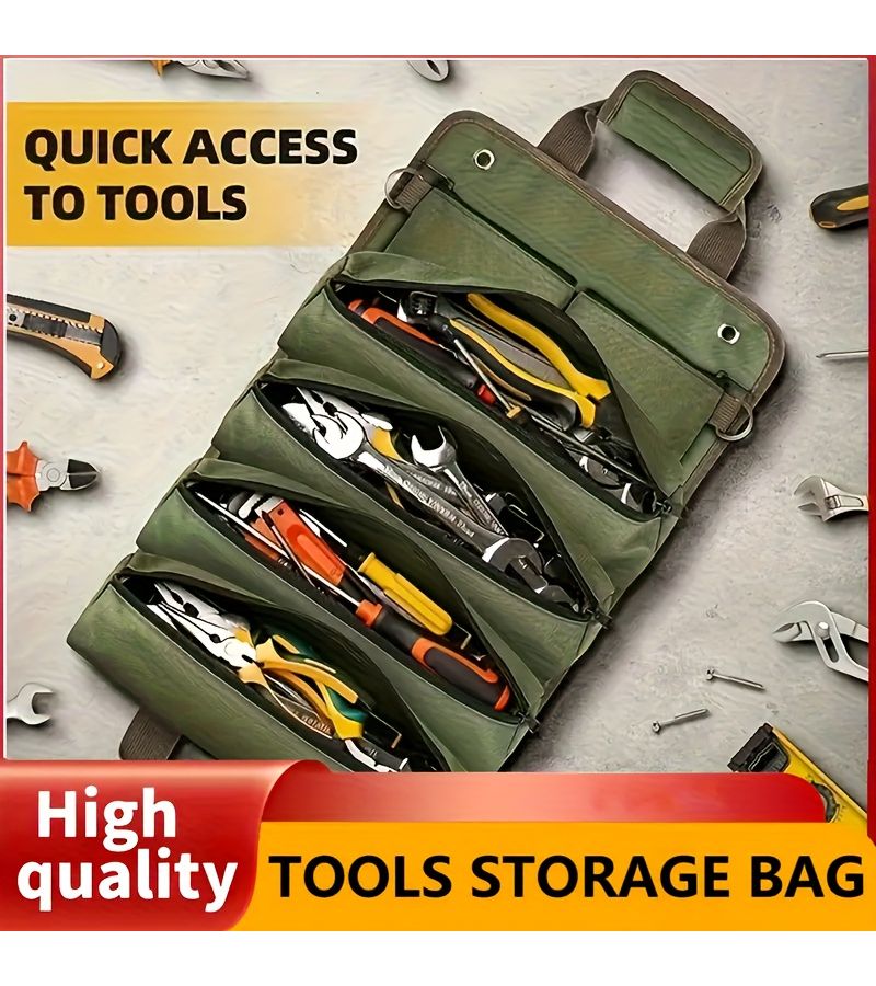 Green Oxford Fabric Heavy Duty Tool Roll Bag Large Capacity Foldable Tool Organizer - Image 4