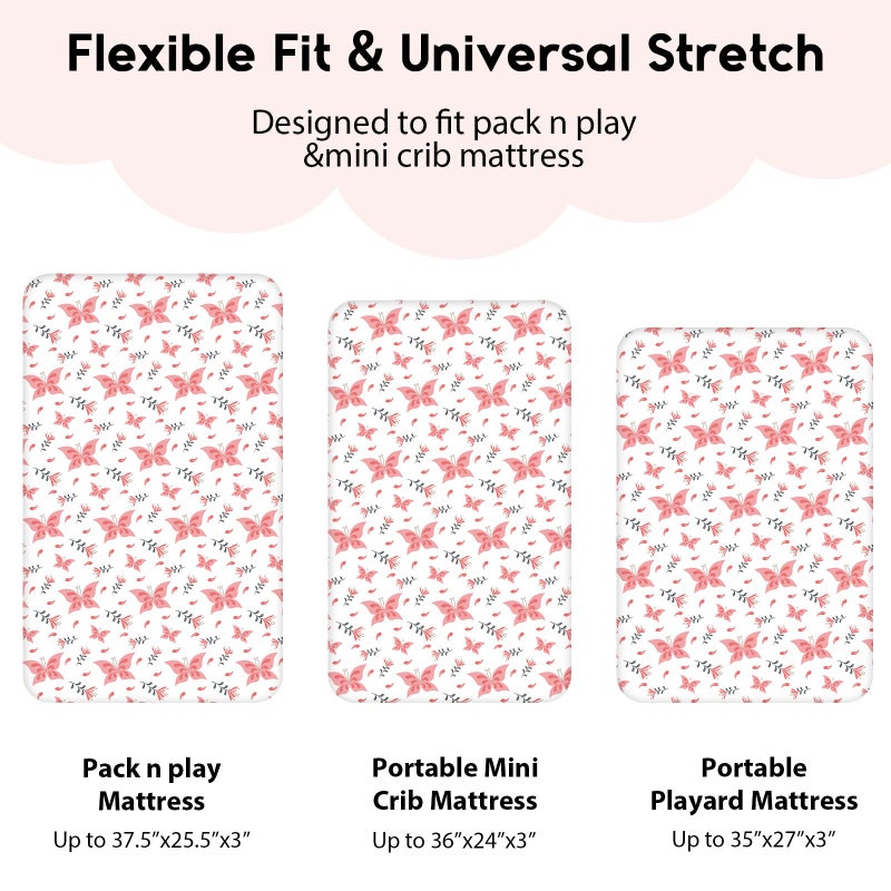Yoofoss Pack and Play Sheets Fitted, Mini Crib Sheets 2-Pack for Pack N Play Mattress, Stretchy Playard Sheet, Soft and Breathable (Pink + Butterflies) - Image 3