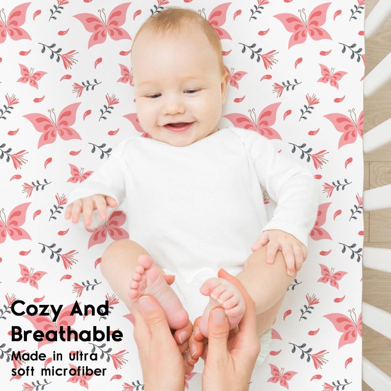 Yoofoss Pack and Play Sheets Fitted, Mini Crib Sheets 2-Pack for Pack N Play Mattress, Stretchy Playard Sheet, Soft and Breathable (Pink + Butterflies) - Image 4