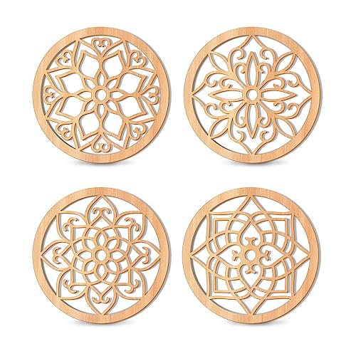 KOYILTD 4 Pieces Thicken Rustic Wall Decor,Flower Carved Wall Art,Wooden Hollow Carved Design(Round, 8.2in) - Image 1