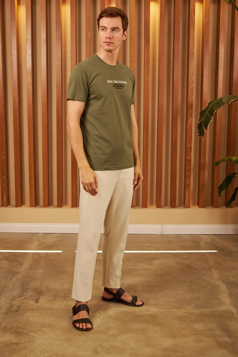 Odelon Men's Comfort Fit Printed Cotton T-Shirt Khaki Feel The Future MARS12
